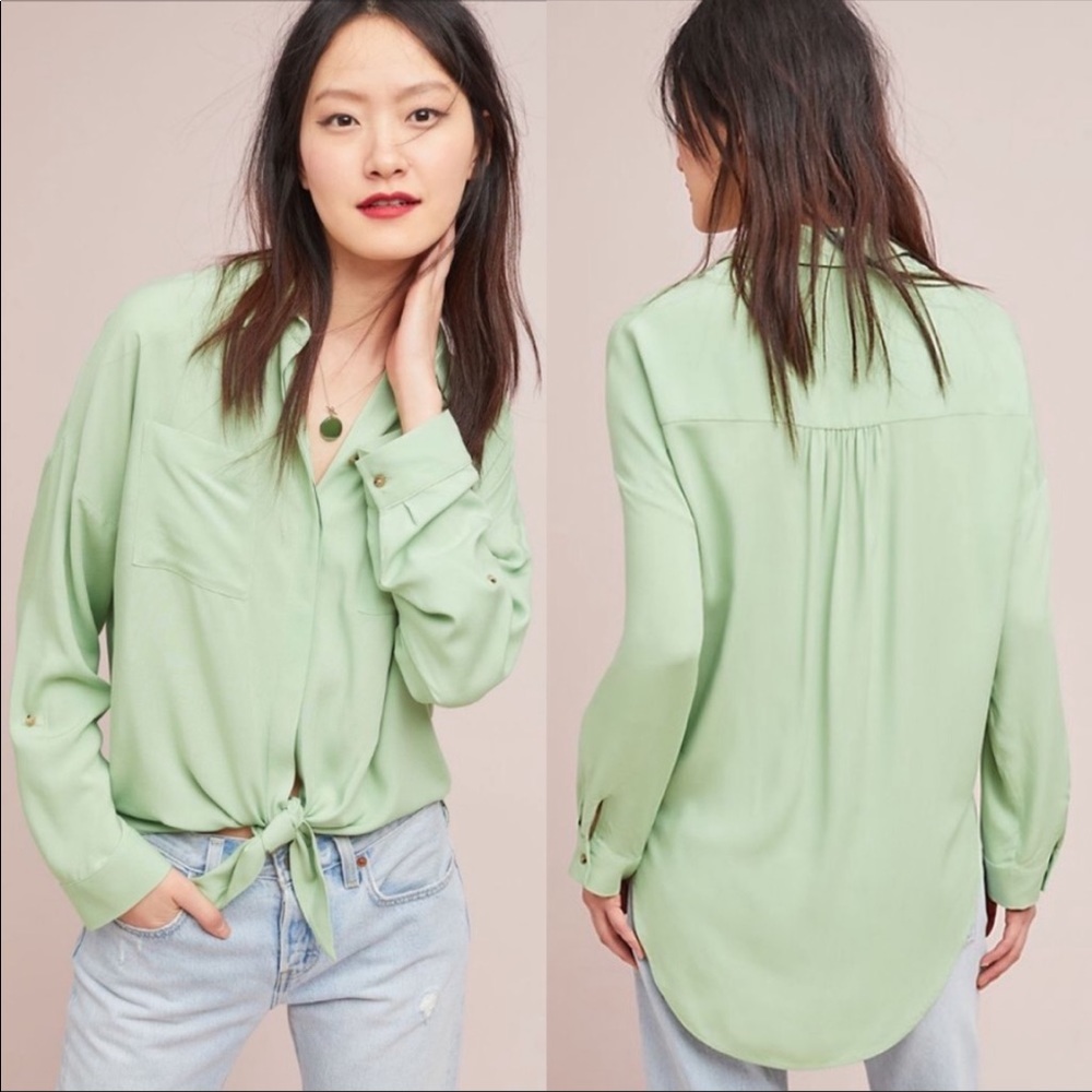 Maeve Sandbridge mint green button down tie waist top